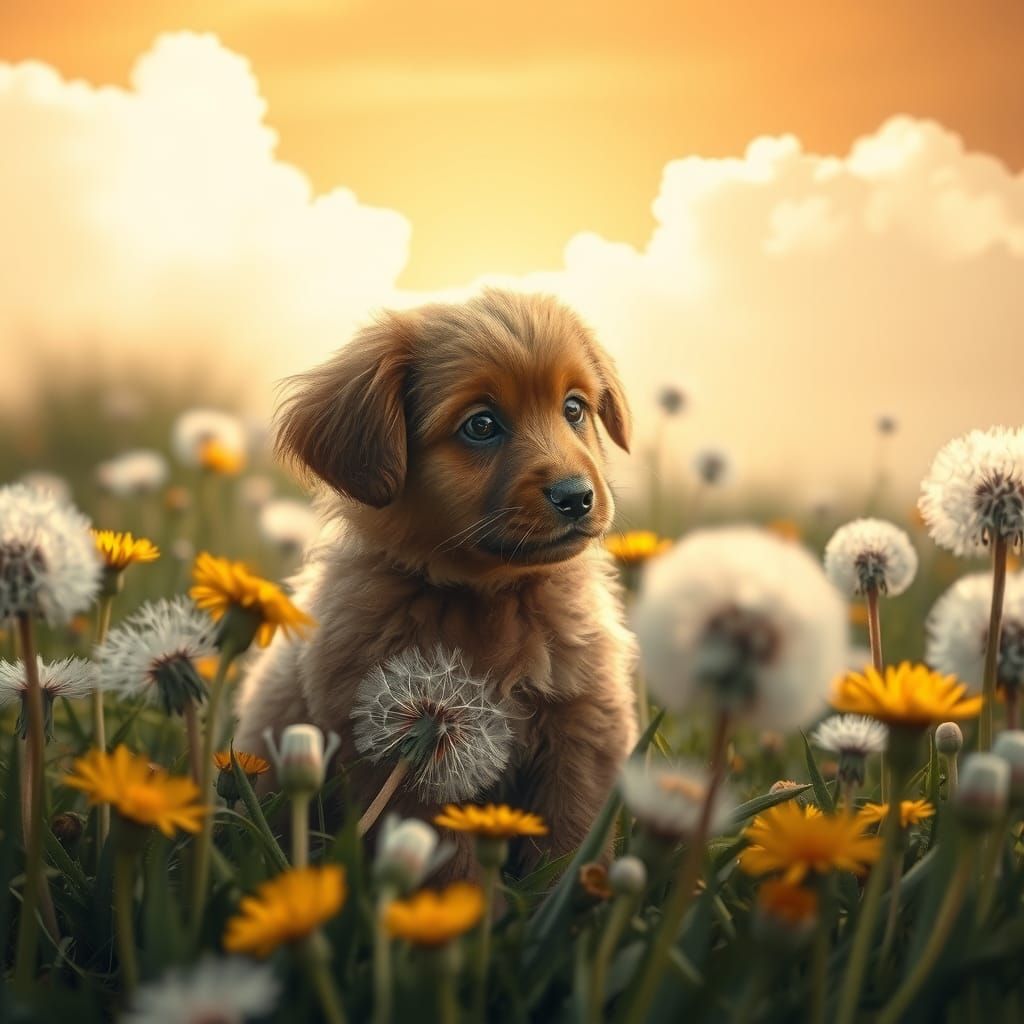 Playful Puppy in Dandelion Field, Dreamy Digital Art