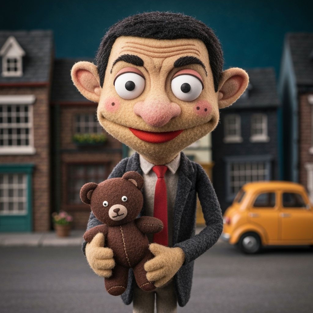 Muppet Mr. Bean with Teddy in English Town