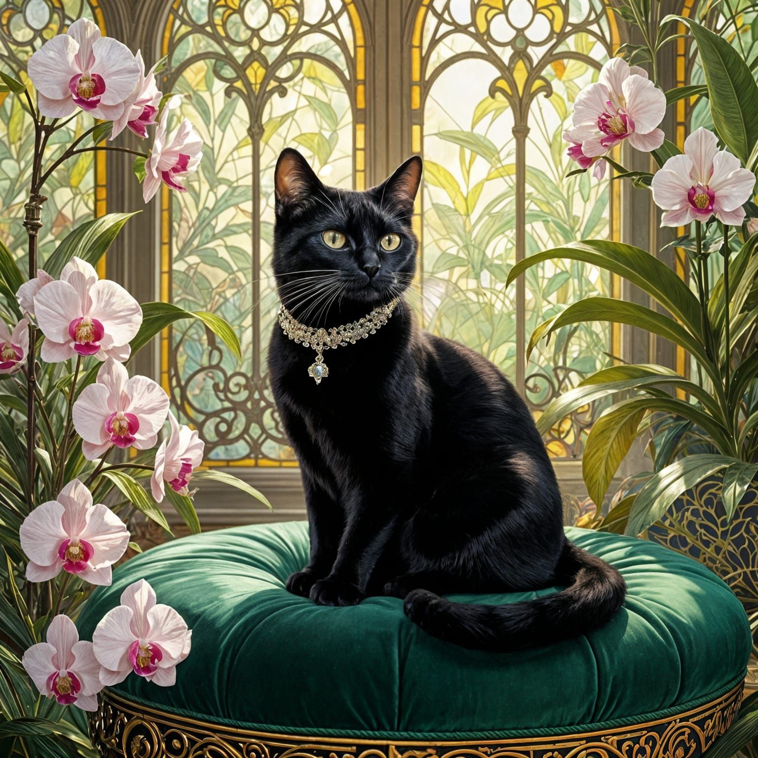 Black Cat in Art Nouveau Conservatory