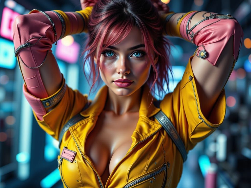 Seductive Flight Attendant in Vibrant Spaceship Scene