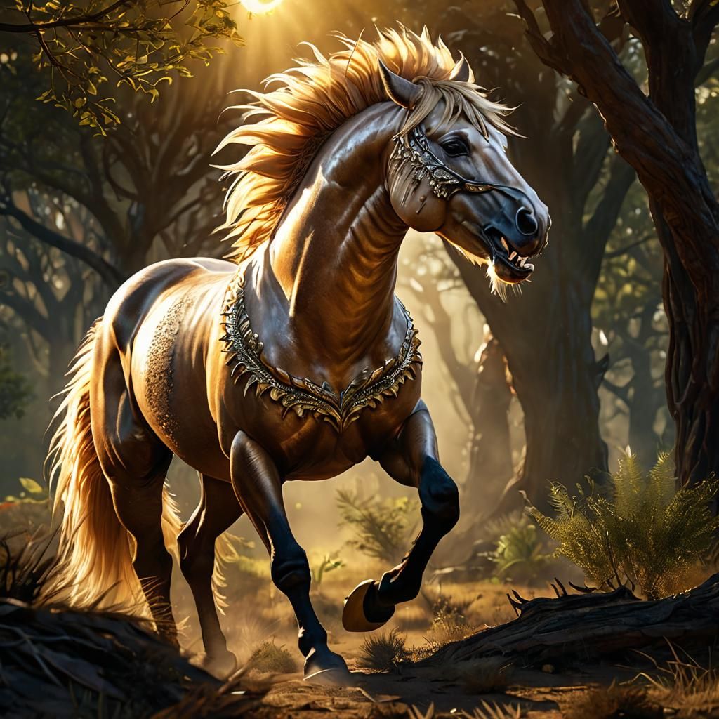 Horse with sharp teeth fangs scales and lizard tail