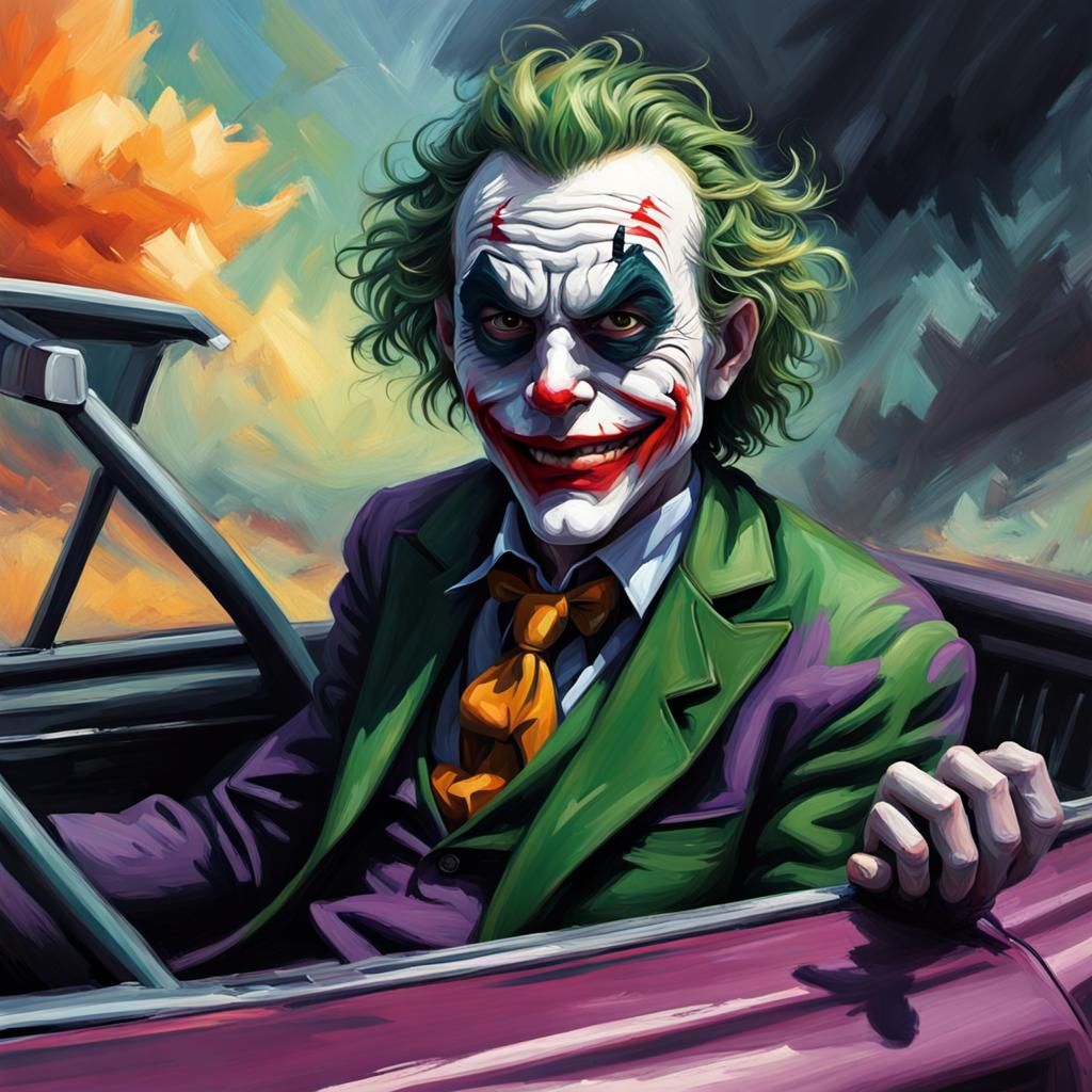 CGI Cartoon Joker Driving: Impressionist Oil Painting