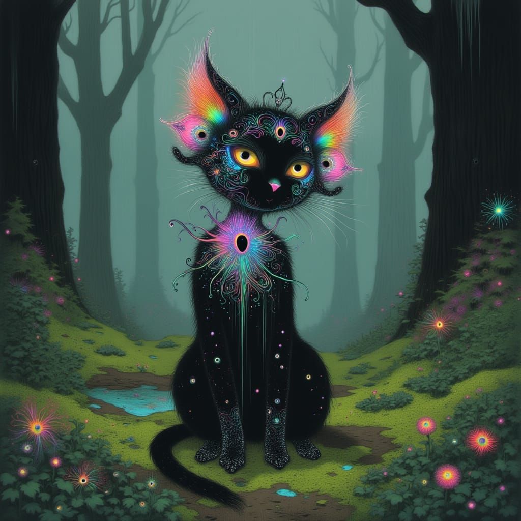 Iridescent Lace Cat in Enchanted Forest