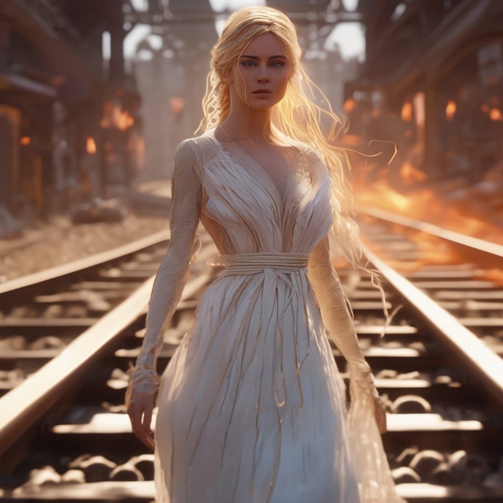 Girl in Wedding Dress Tied to Tracks, Fantasy Concept Art