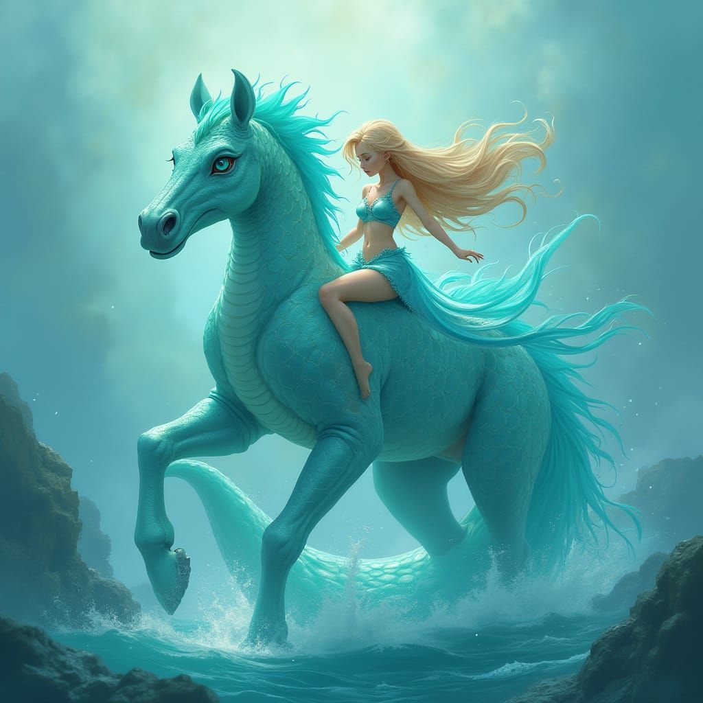 Majestic Water Horse with Serene Rider in Dreamlike Oceanic ...