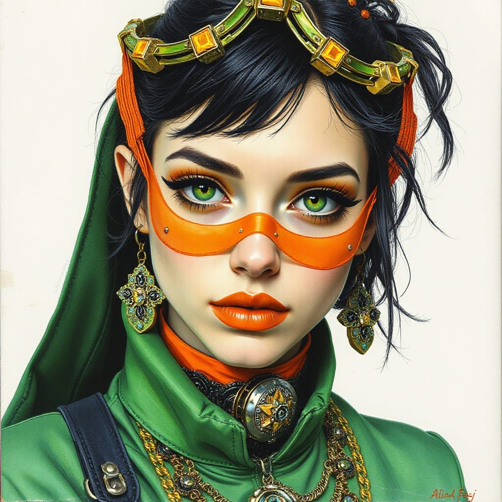 Neon Green and Orange Portrait with Futuristic Jewelry
