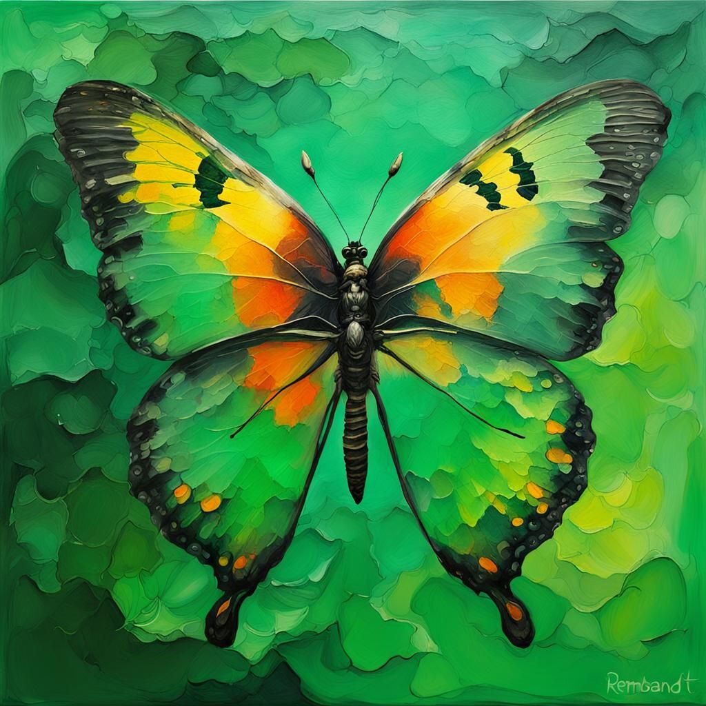 Viridian Butterfly in Rembrandt Inspired Oil Painting