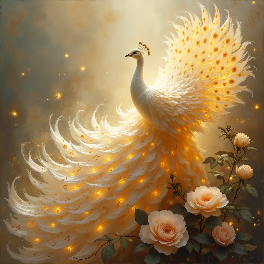 Ethereal Peacock Rises from Rose in Vibrant Gouache Style