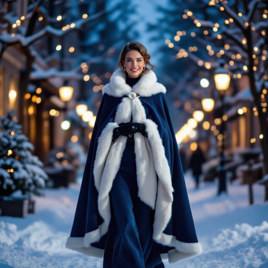 Elegant Woman in Snowy Winter Alley