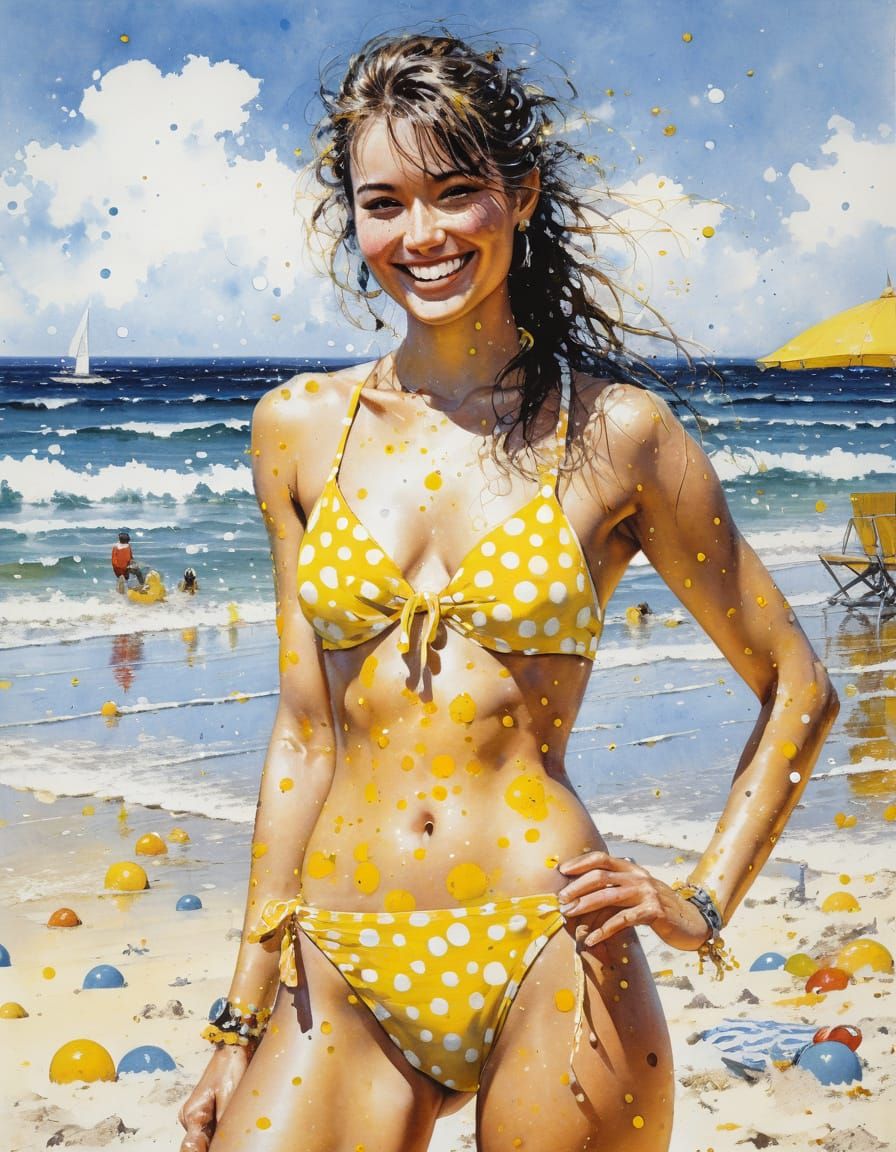 Woman in Yellow Polka Dot Bikini at Beach