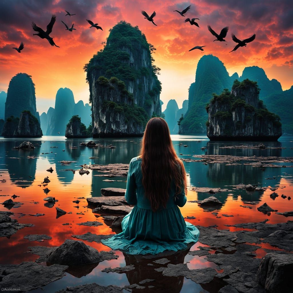 Surreal Ha Long Bay Dreamscape with Iridescent Creatures and...