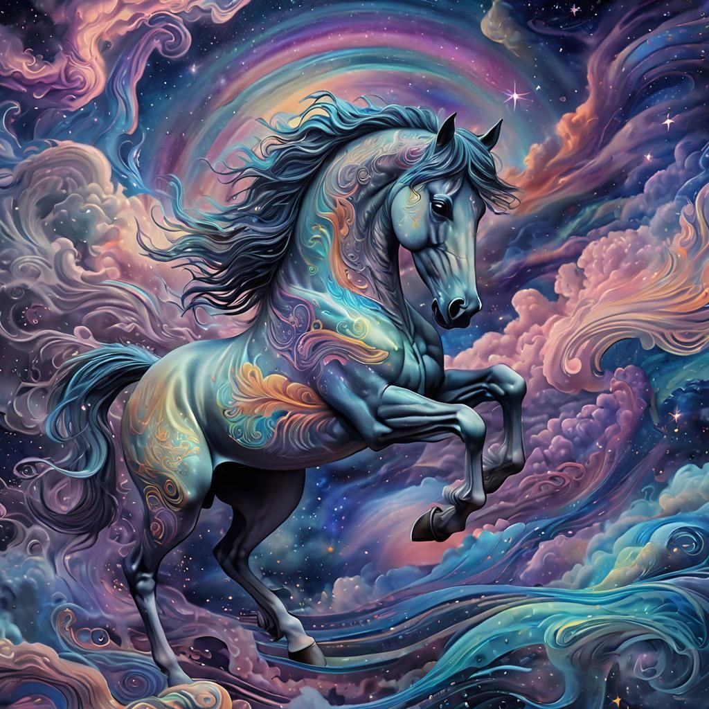 Majestic Horse Soaring Through Cosmic Sky