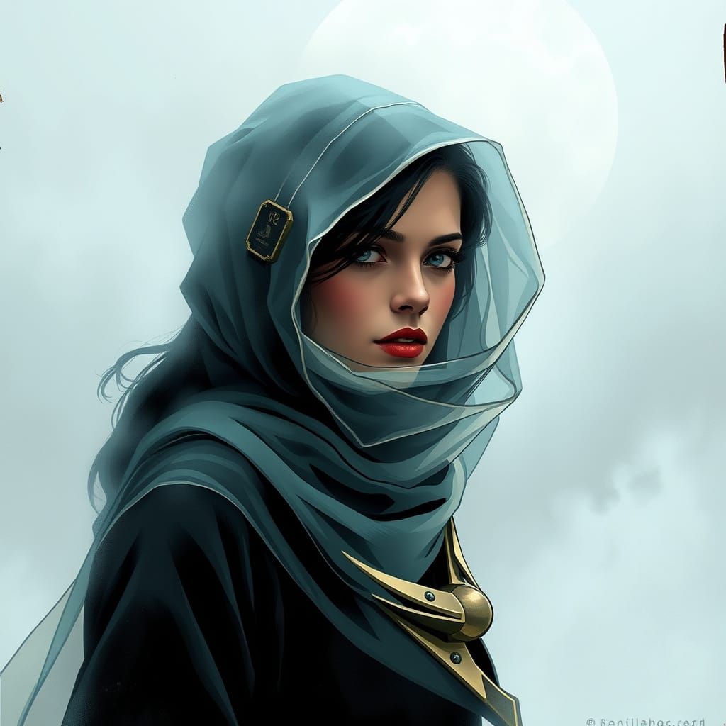 Woman Enveloped by Misty, Gossamer Scarf in Ethereal Comic B...