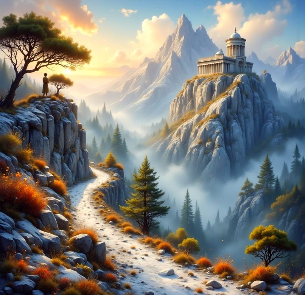 Dreamy Fantasy Temple Amidst Autumn Hues