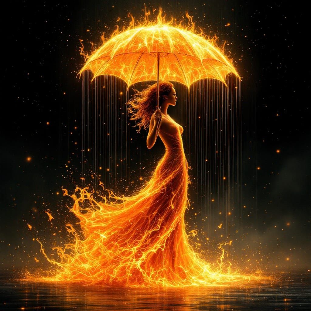 Golden Fiery Goddess Walks Through Liquid Fire