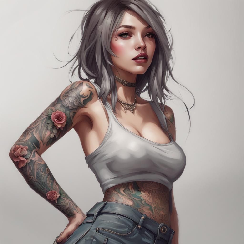 Tattooed Woman in Digital Art Style