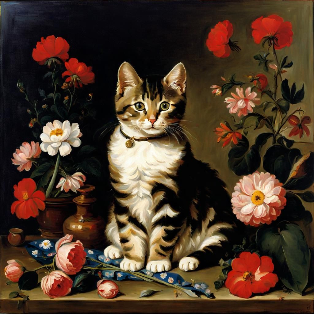 Cute Cat in Baroque Style Surrounded by Flowers