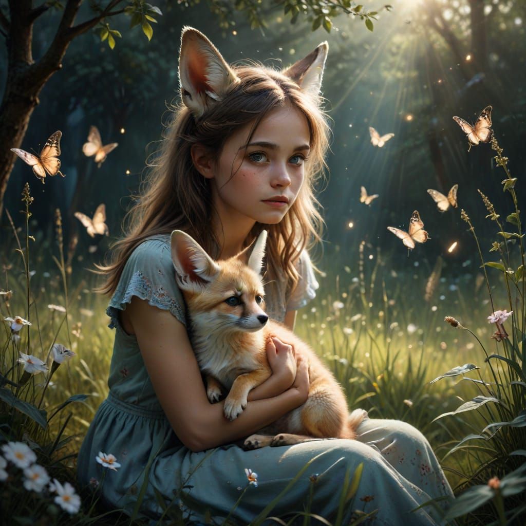 A fennec fox and a cute girl are sitting in a cozy, sun-drenched meadow filled with fireflies and butterflies, their gen...