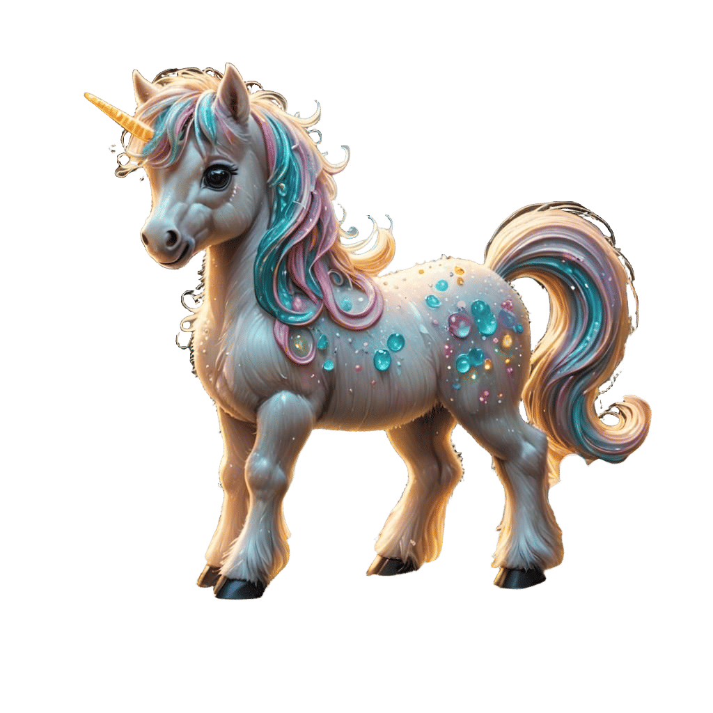 Chibi Pony with Bioluminescent Waterfall in Candy Art Style