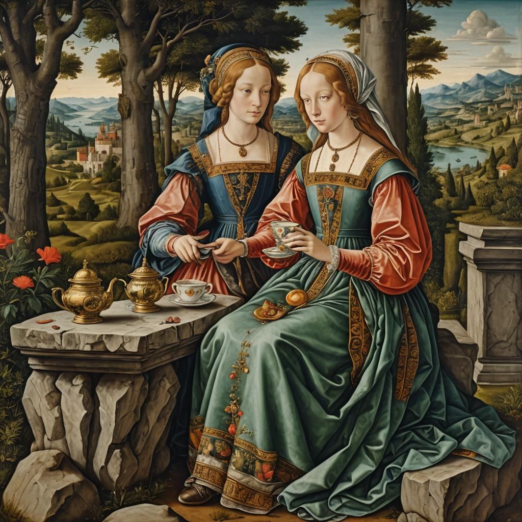 Duchess at Tea: A Renaissance Style Oil Painting