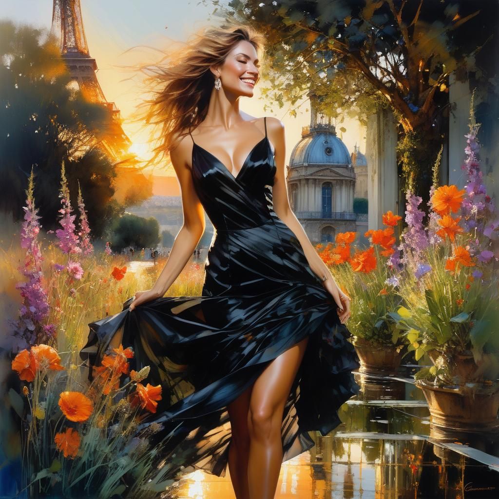 French Woman in Black Dress in Flower Garden