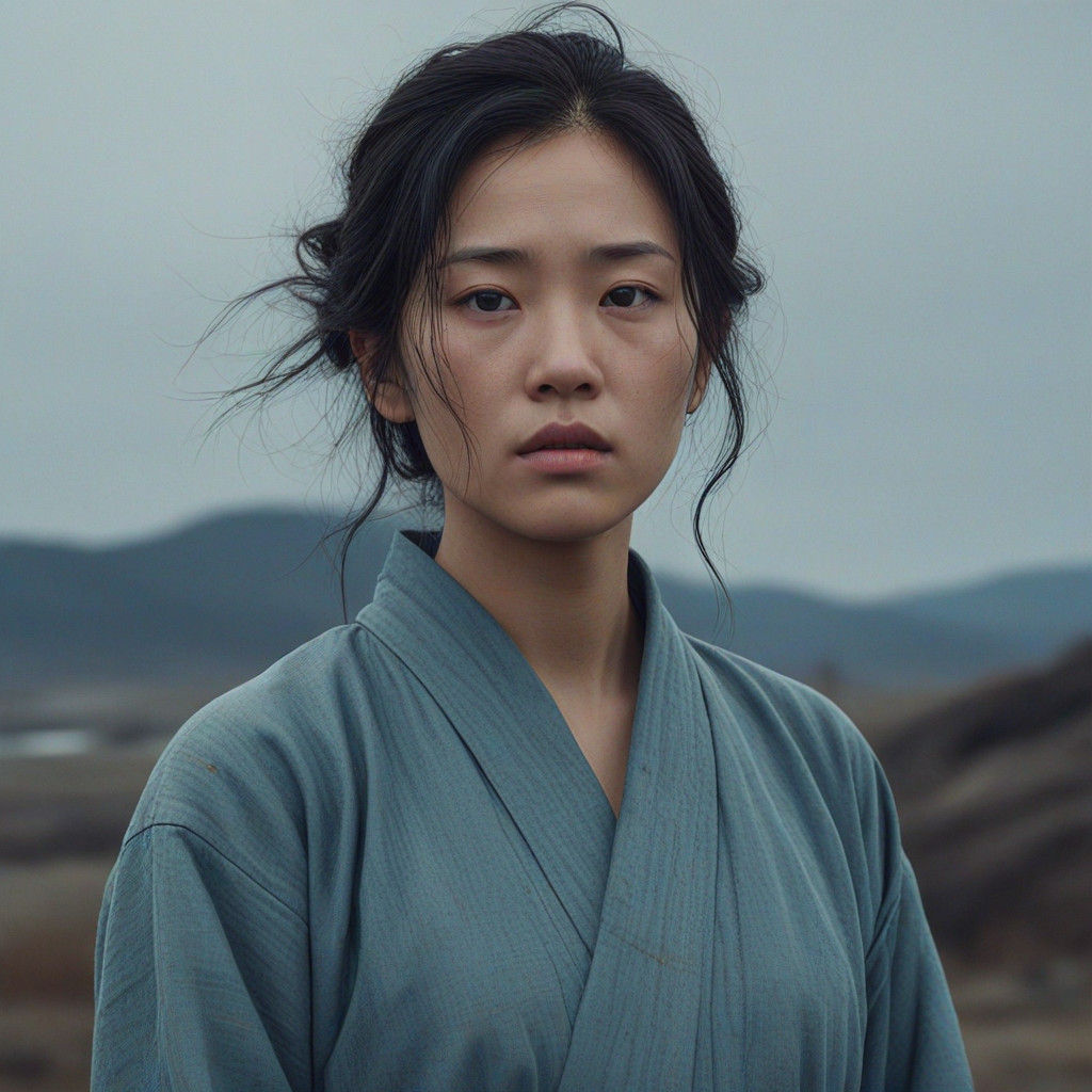 Korean Woman's Quiet Resilience in a Darkened Landscape