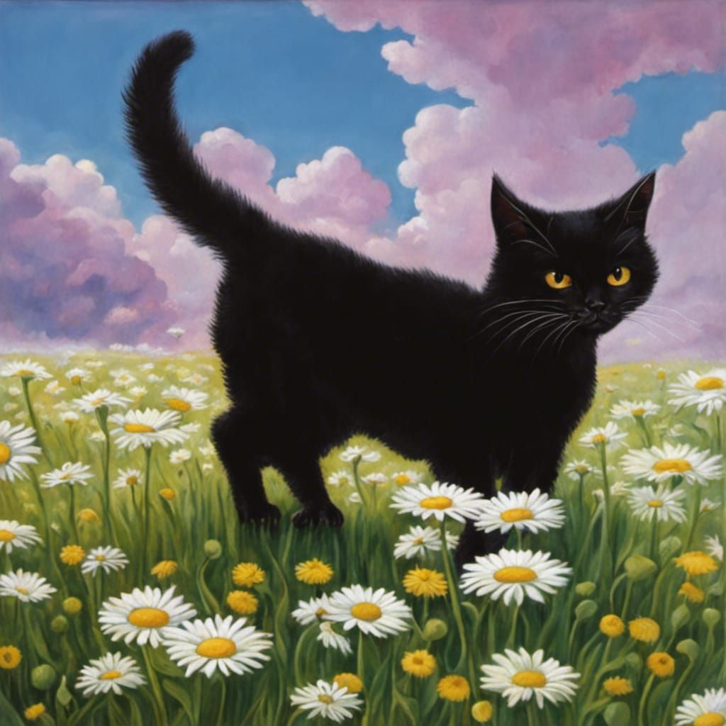 Black Cat in Daisies: Naive Surrealist Art