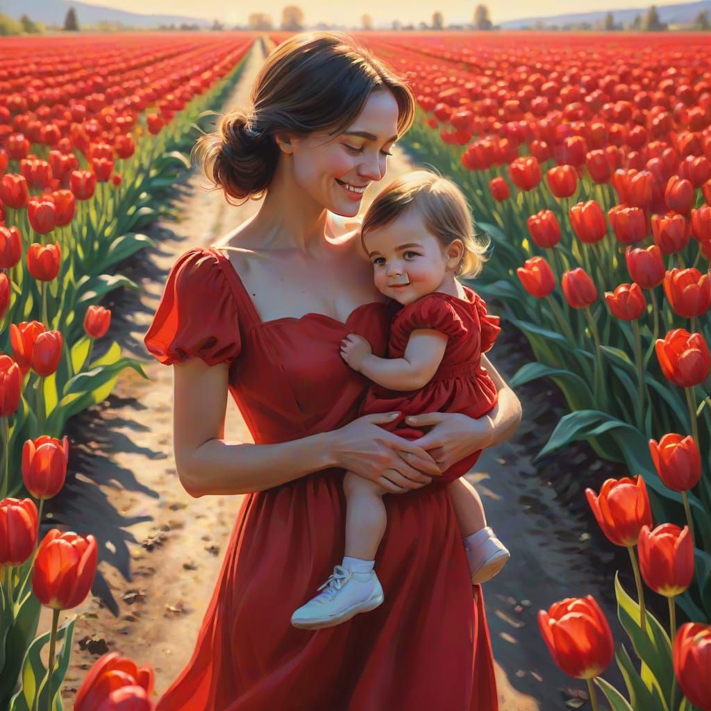Woman and Child in Tulip Field as Oil Painting