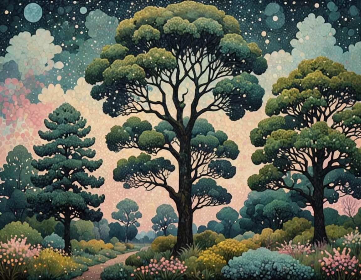 Pointillist Night Over Trippy Trees in Abstract Style