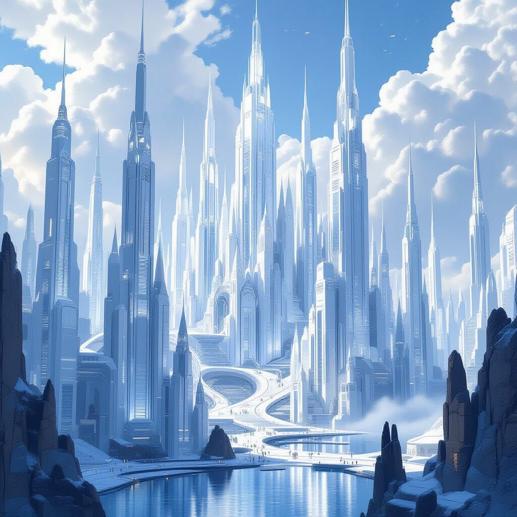 Futuristic Crystalline Cityscape in Metallic Silver