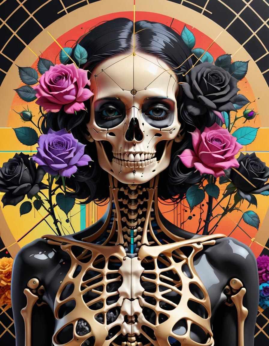 Skeleton Woman with Black Roses in Pop Art