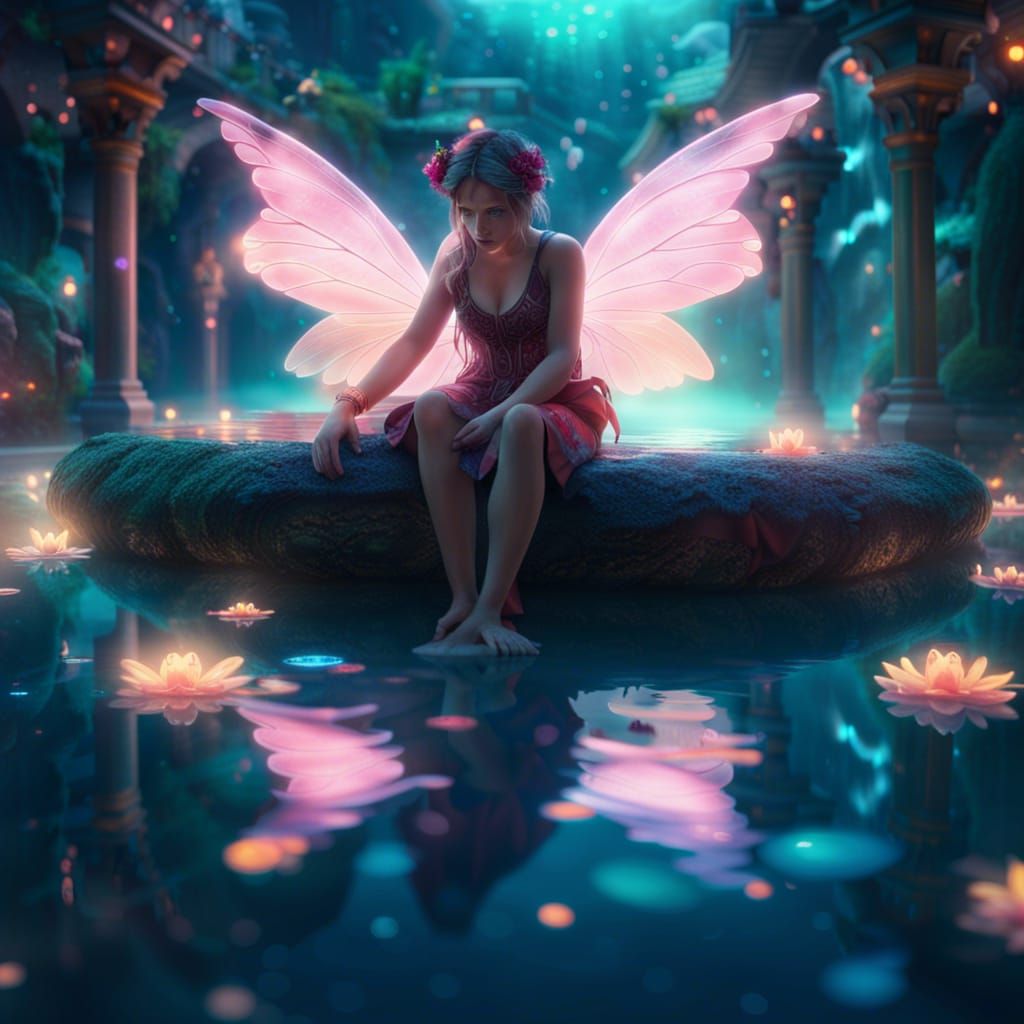 Fairy Girl Relaxing in a Glowing Pool
