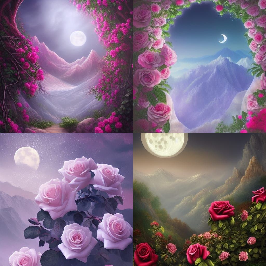 Romantic Rose Garden Landscape with Moon