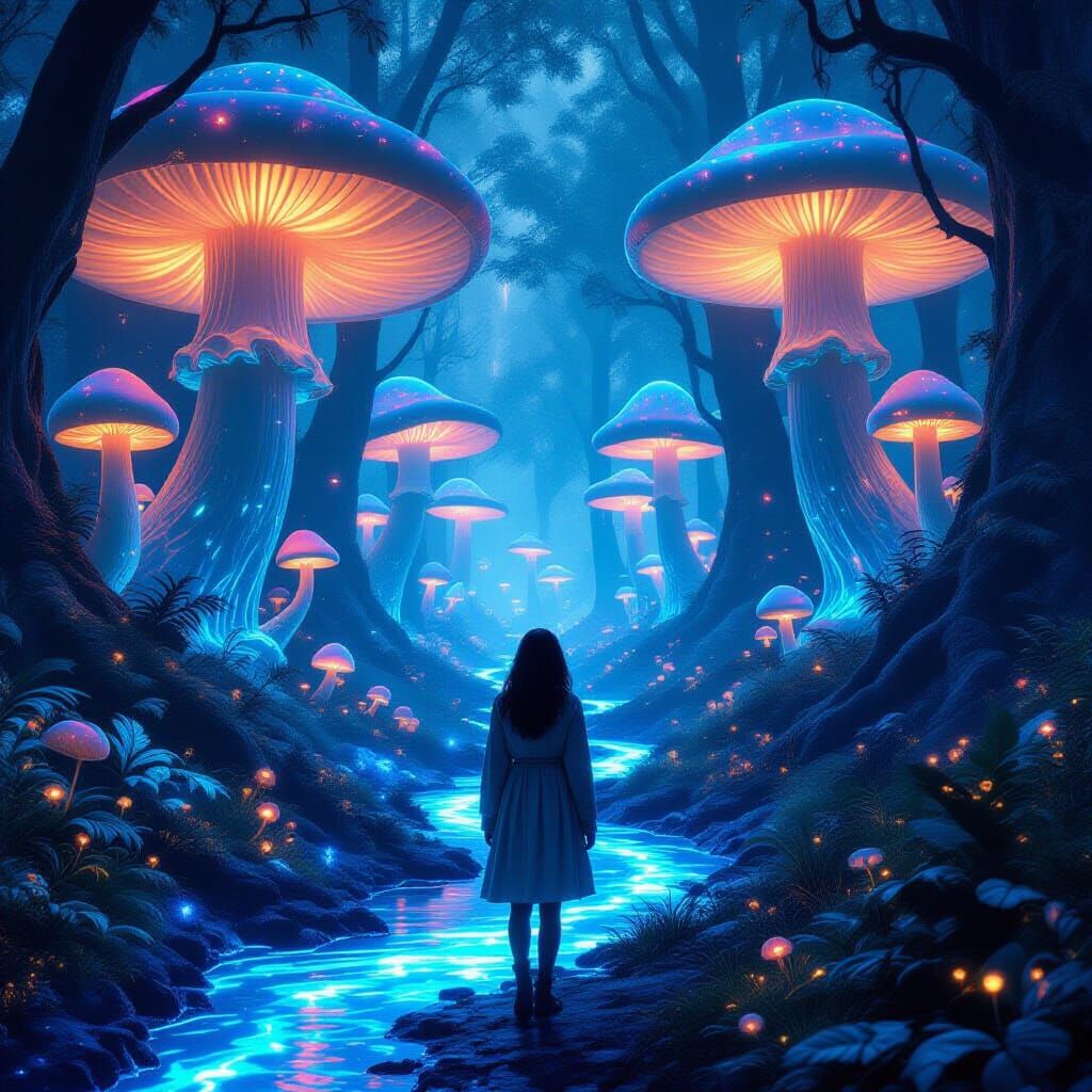 Bioluminescent Forest with Glowing Mushrooms in Cinematic St...