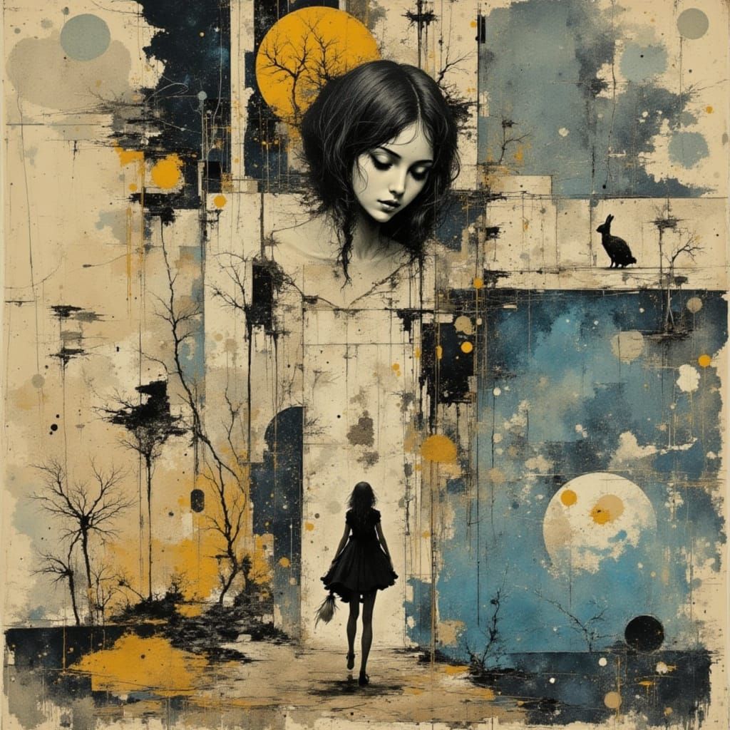 Melancholy Rabbit Collage in Umbratic Style