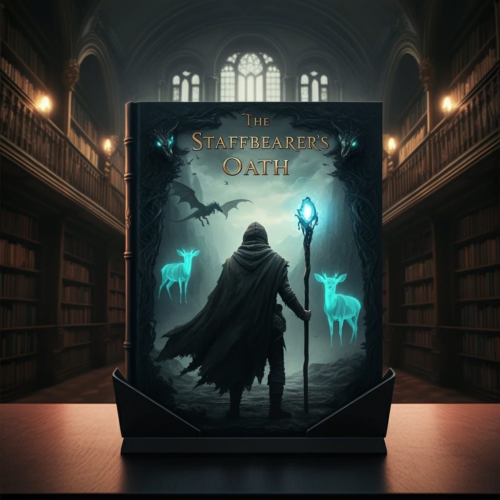 Epic Fantasy Book Cover with Lone Traveler and Magical Staff