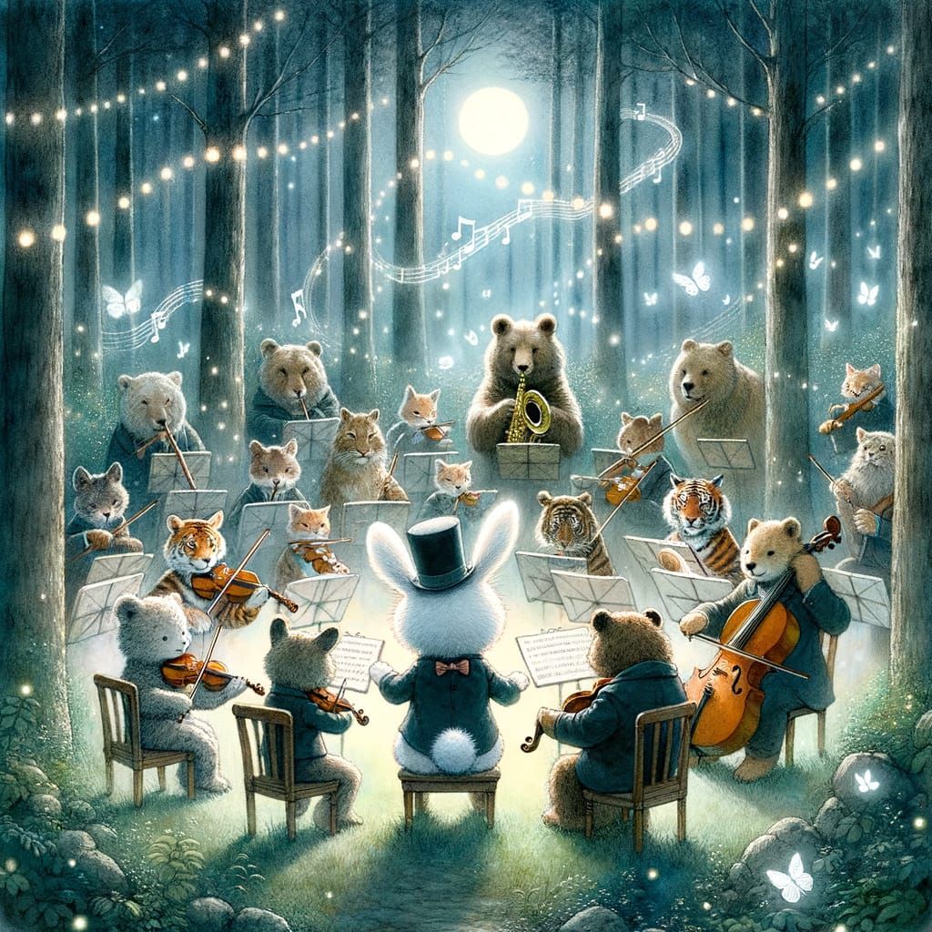 Bunny Conductor Directs Forest Orchestra in Watercolor Style