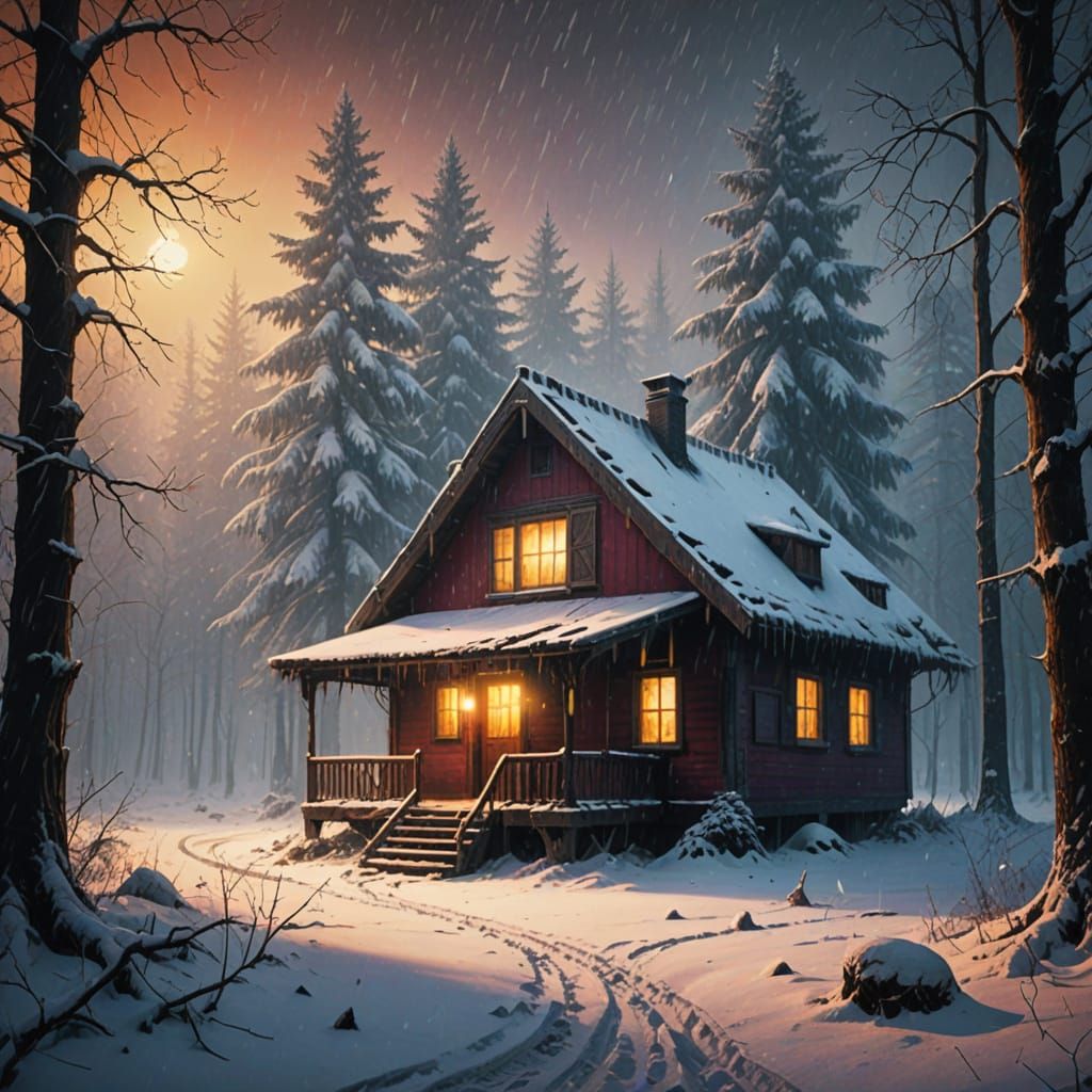 Eerie Cabin in Snowy Woods, Sci-Fi Horror Fantasy Scene