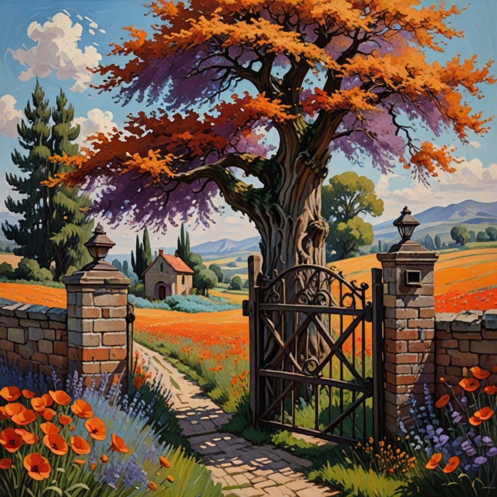 Cypress Tree Landscape in Impressionist Style