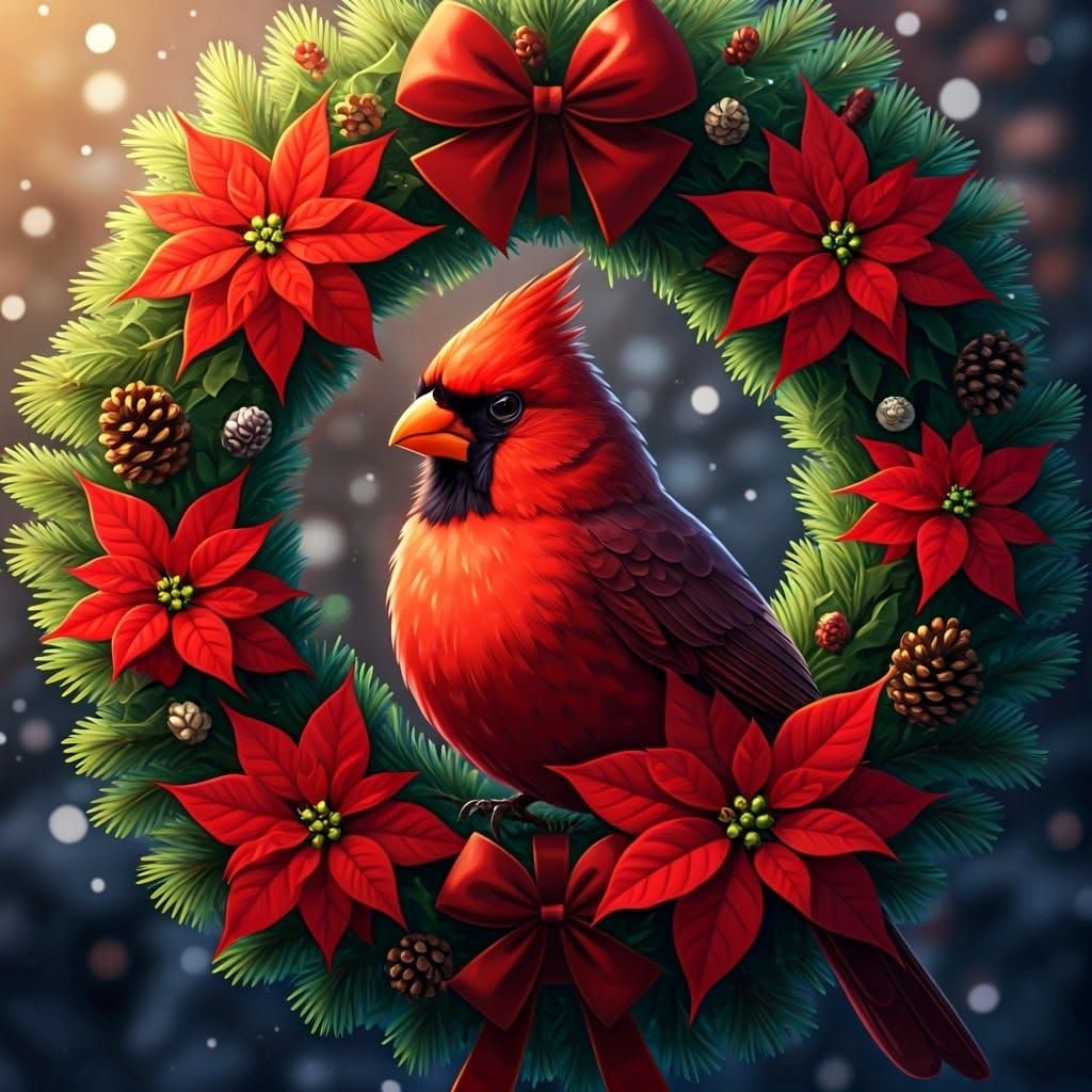 Vibrant Christmas Wreath with Majestic Red Cardinal in Cel-S...