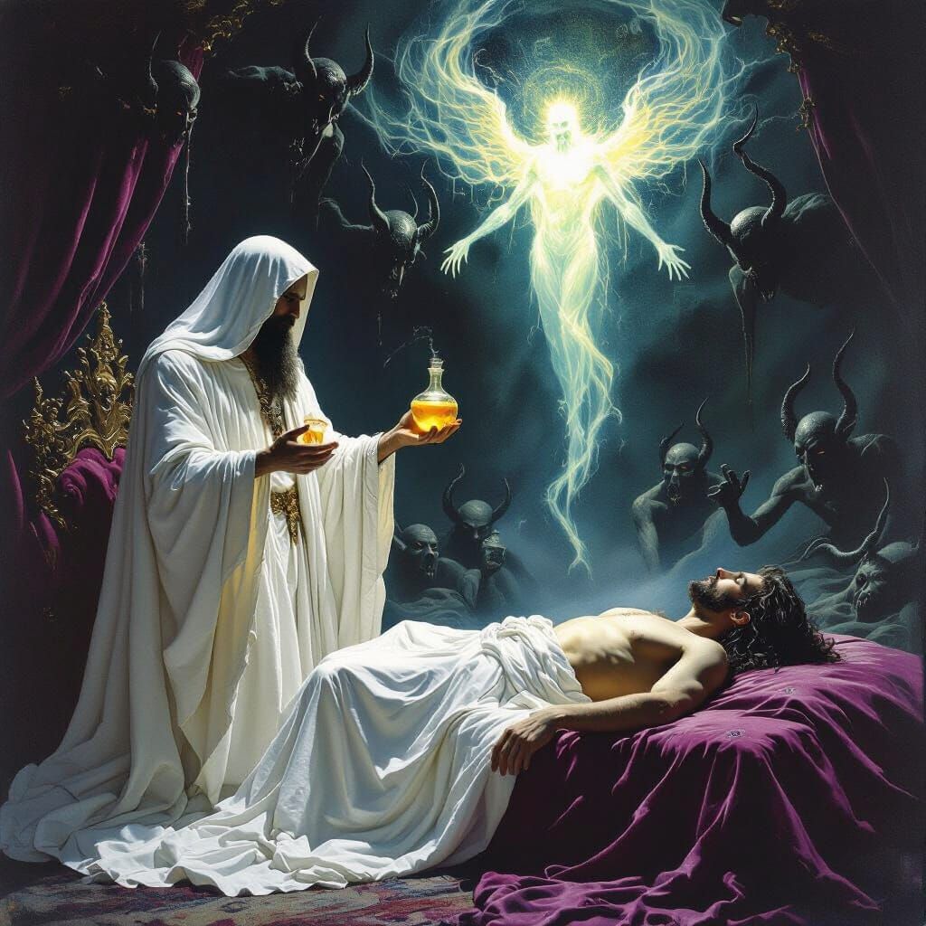 Mystical Master with Ambrosia Potion in Dark Surrealism