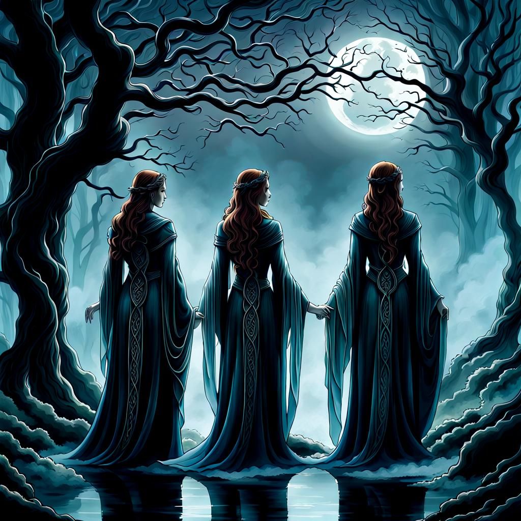 Celtic Goddesses in a Misty Moonlight Landscape