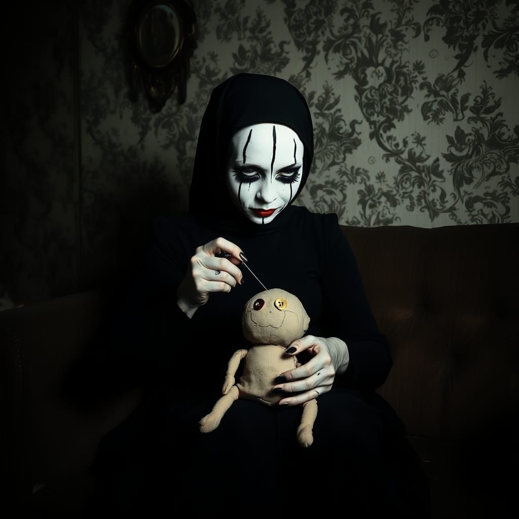 Gothic Mime Sews in Dark, Tattered Room