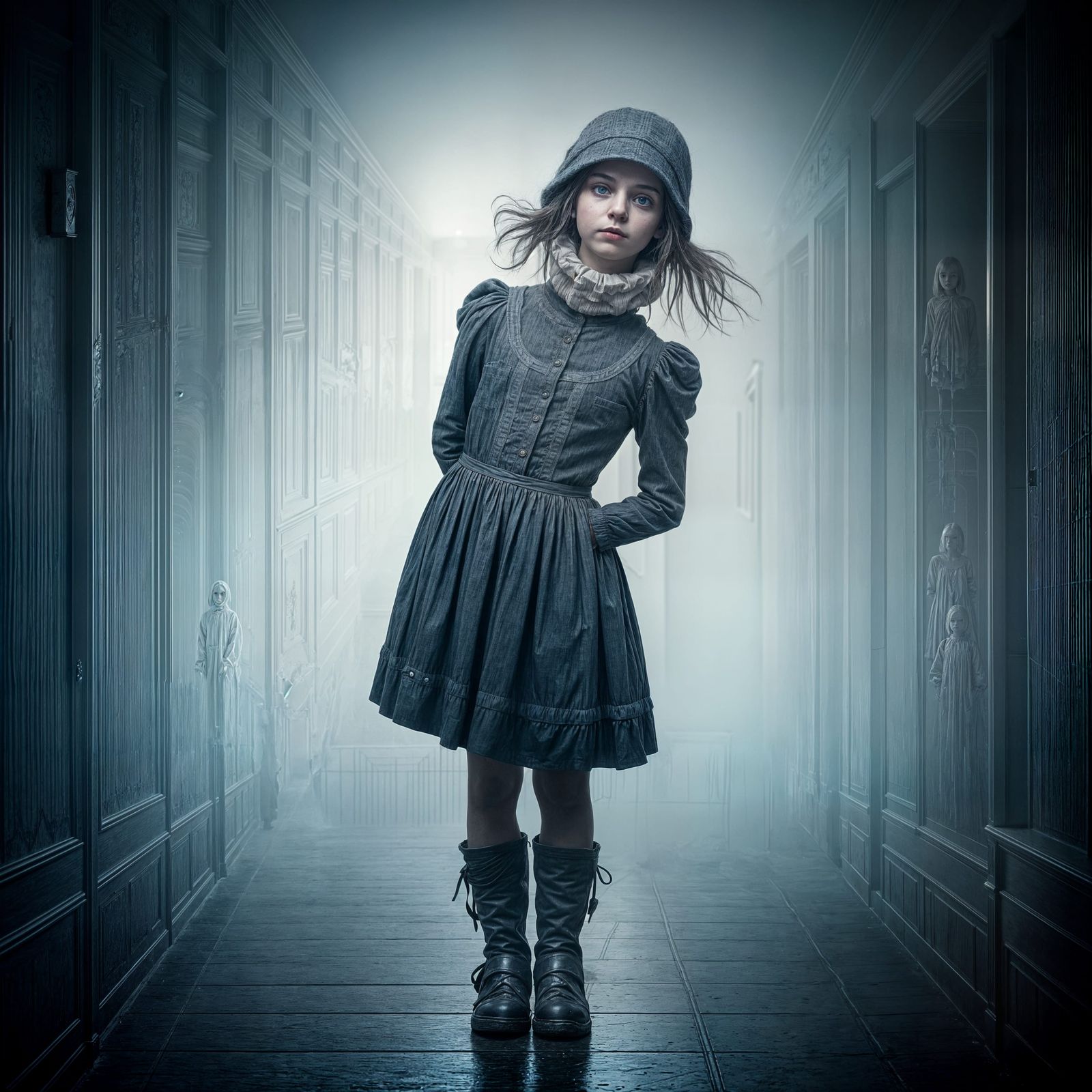 Eerie Child Figure in Misty Hallway