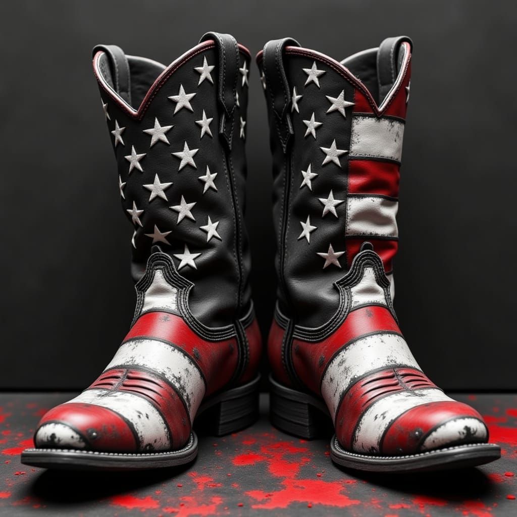 Elegant Black Boots with Faded American Flag Paint in a Vint...