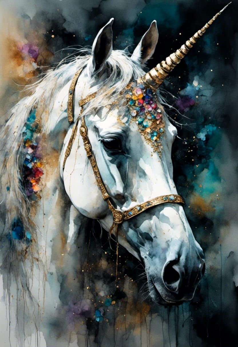 Unicorn Horse in Bokeh Lights, Alcohol Ink Style