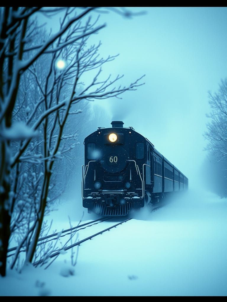 Vintage Steam Train in Snowstorm Cinematic Film Still