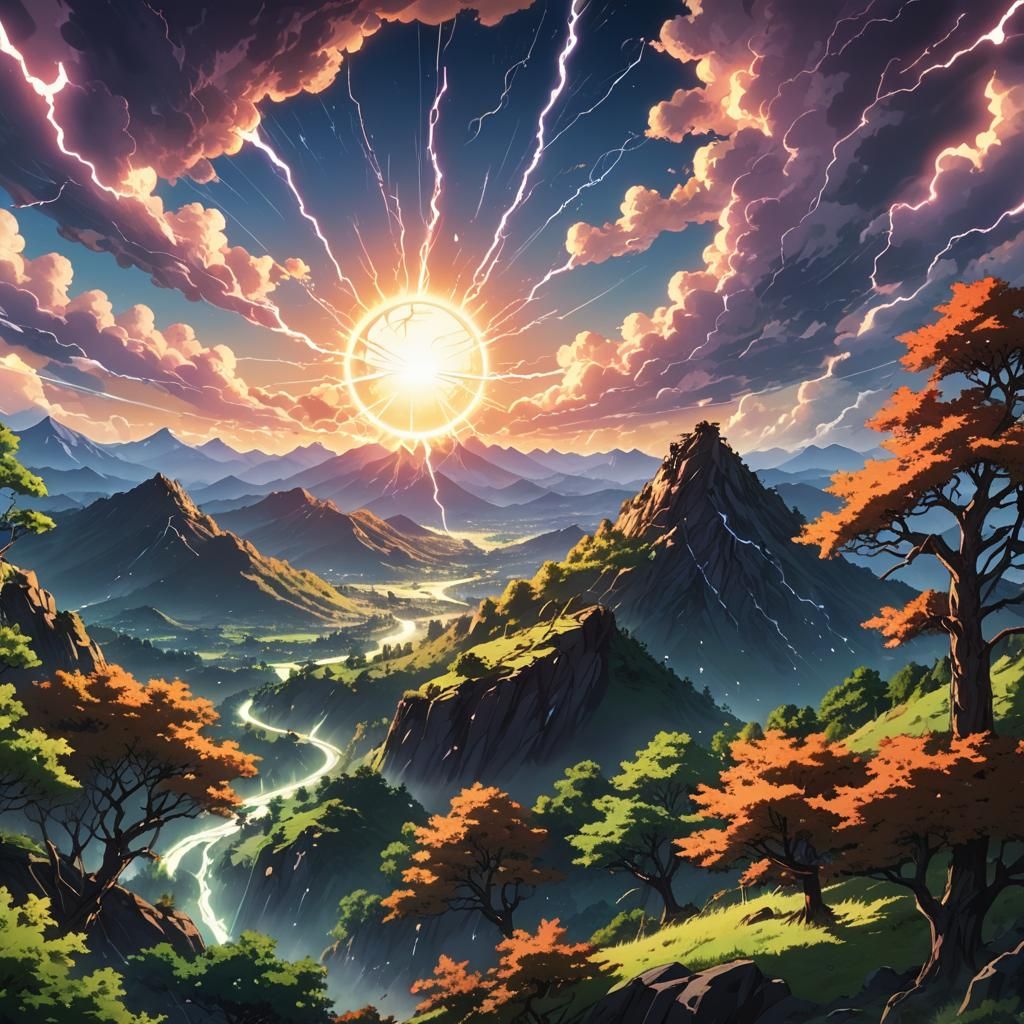 Anime Landscape: Lightning Strikes Mountain in Studio Trigge...