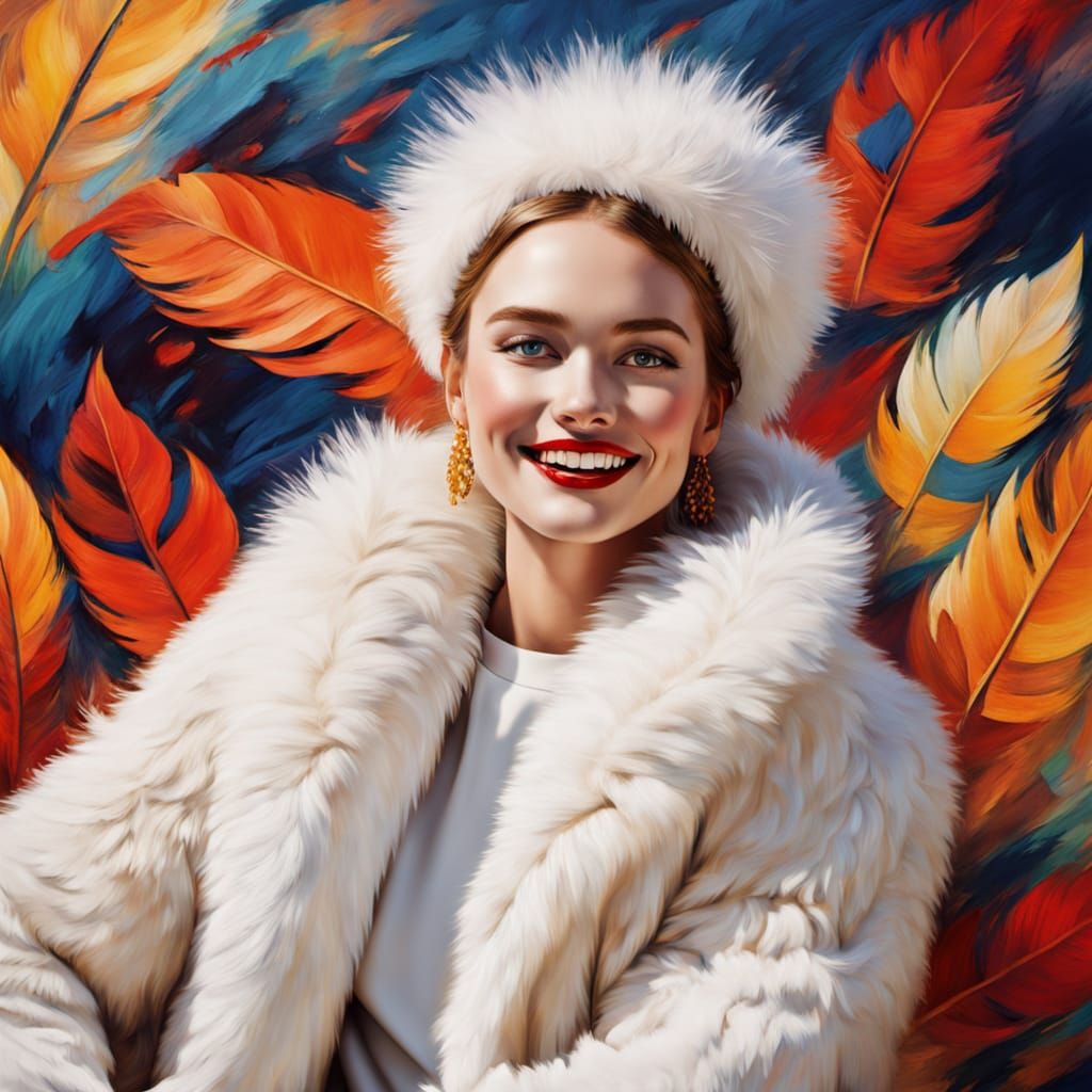 Joyful Woman in Fantastical White Fur Finery, Fauvist Master...