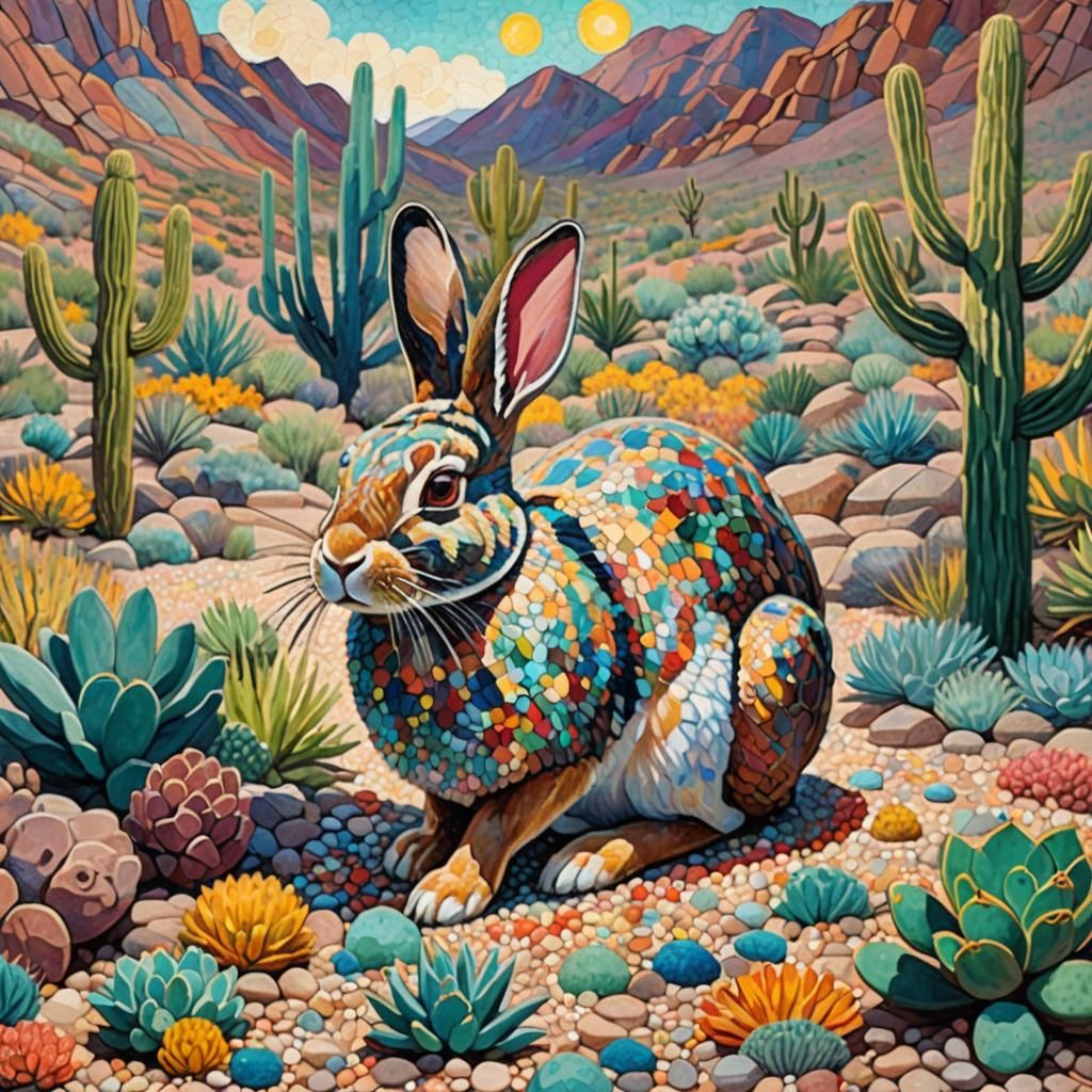 Rabbit in Desert Landscape as Pointillist Art